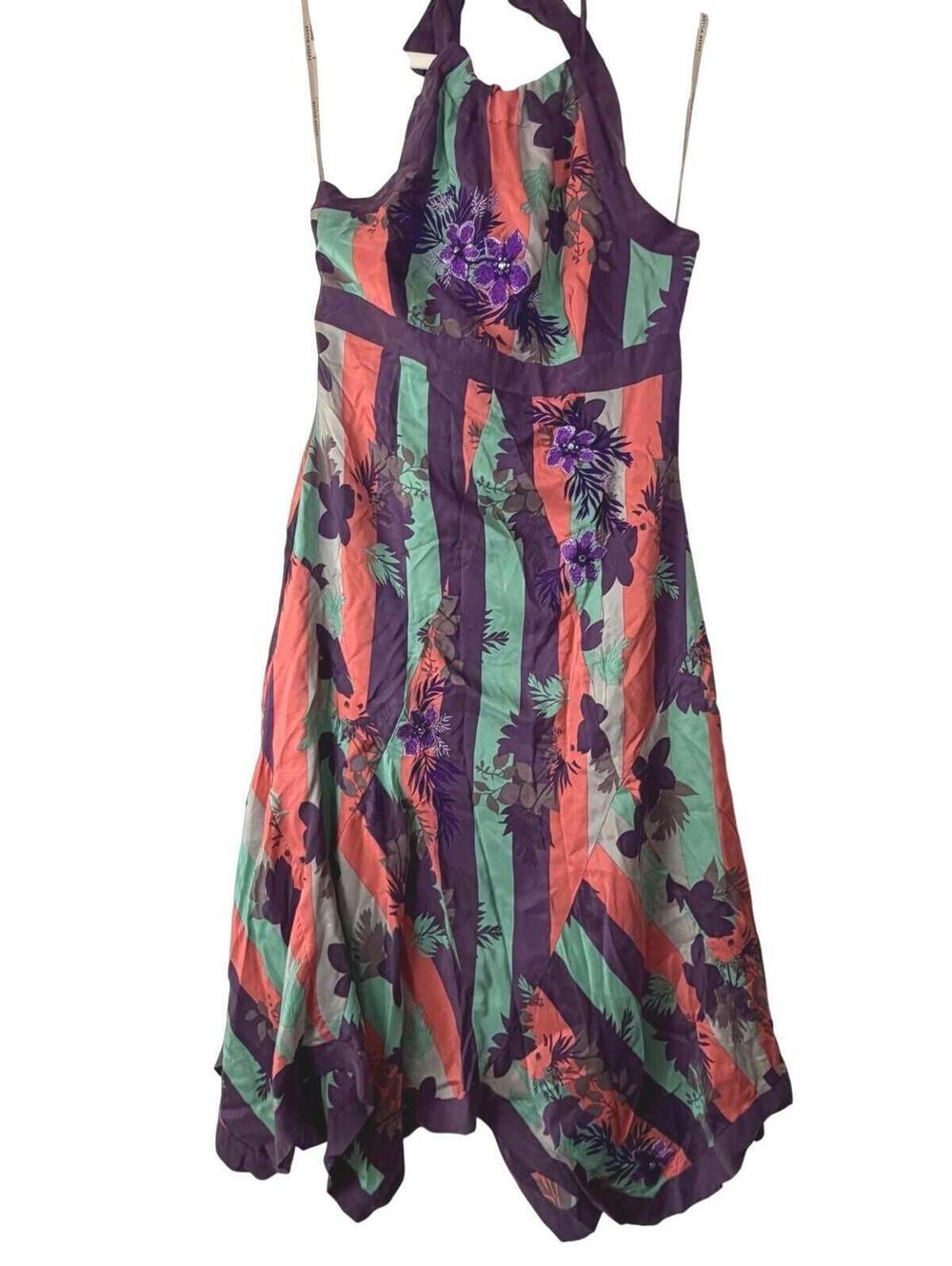 Karen Millen Silk Halter Dress Y2K Floral Embroidered Midi Handkerchief Hem 8
